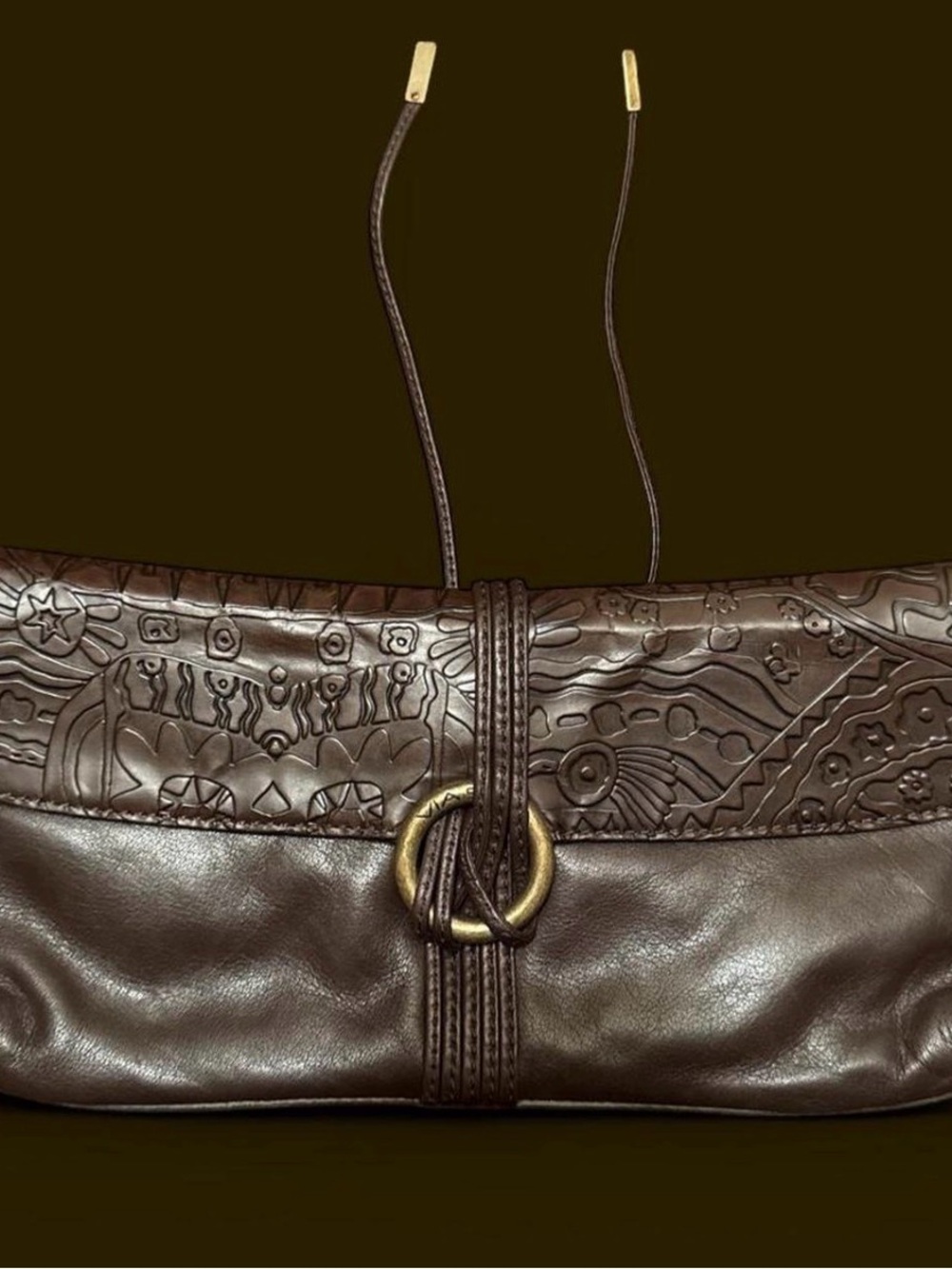 Via Spiga Dark Brown Embossed Leather Clutch with Ring Accent